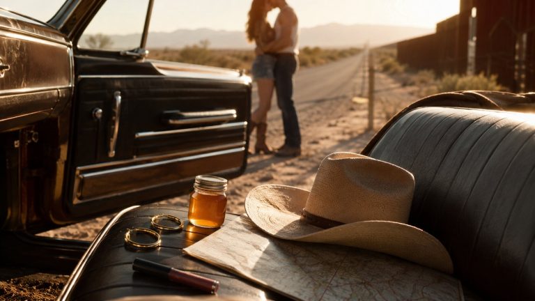 Romantic roadside moment at golden hour