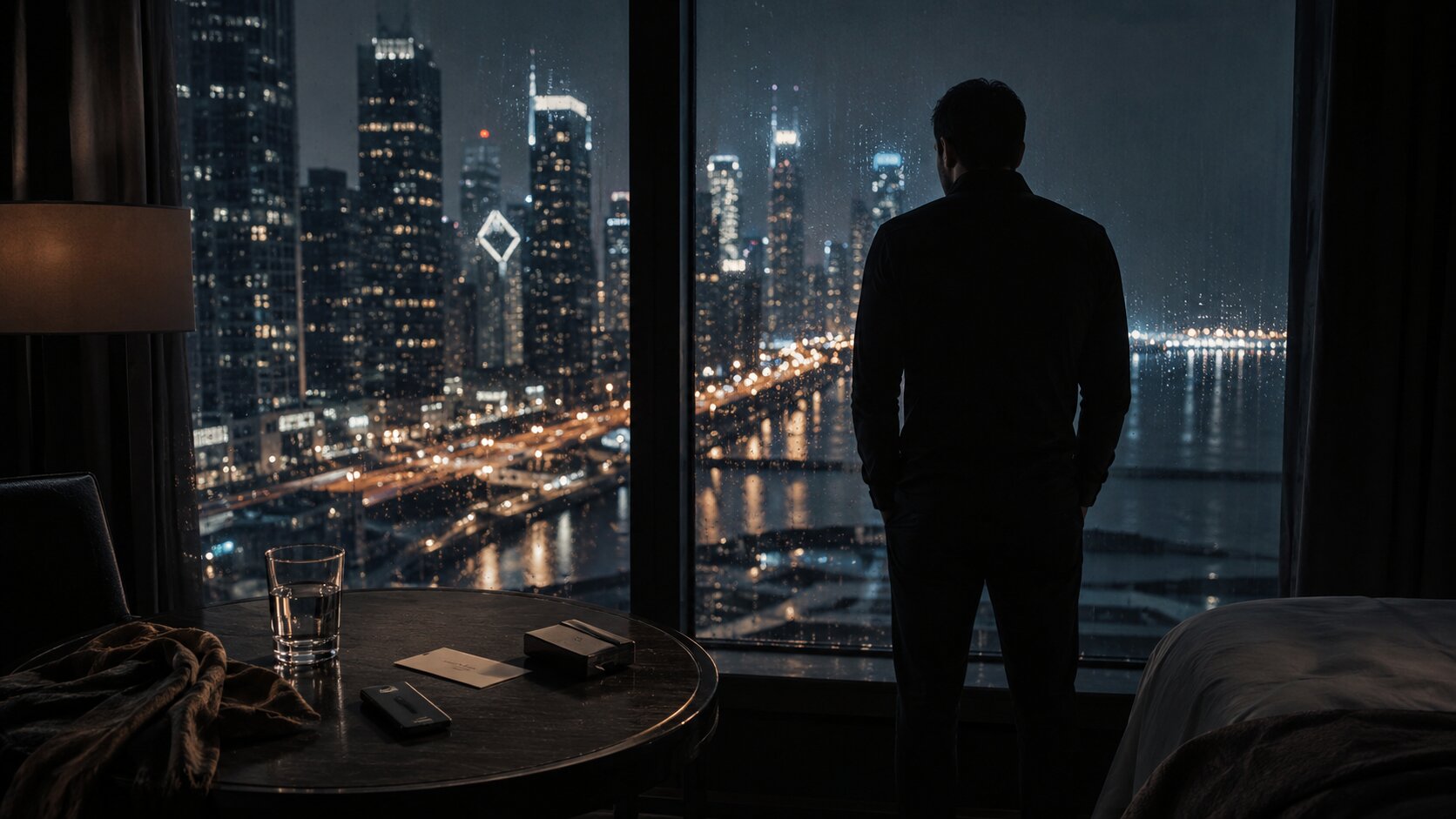 Contemplative night in a rainy city