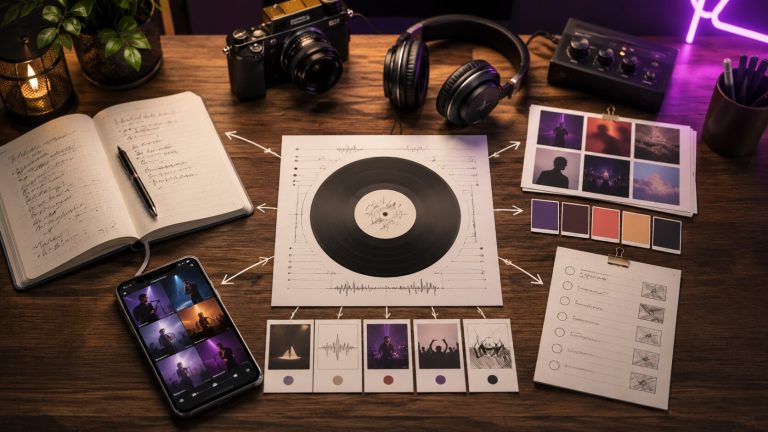 Creative music workspace with purple accents