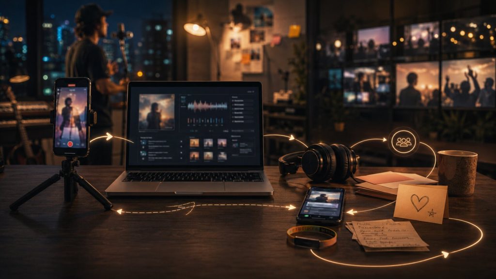 Creative studio workflow at night