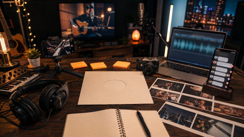 Creative studio workspace with musical gear