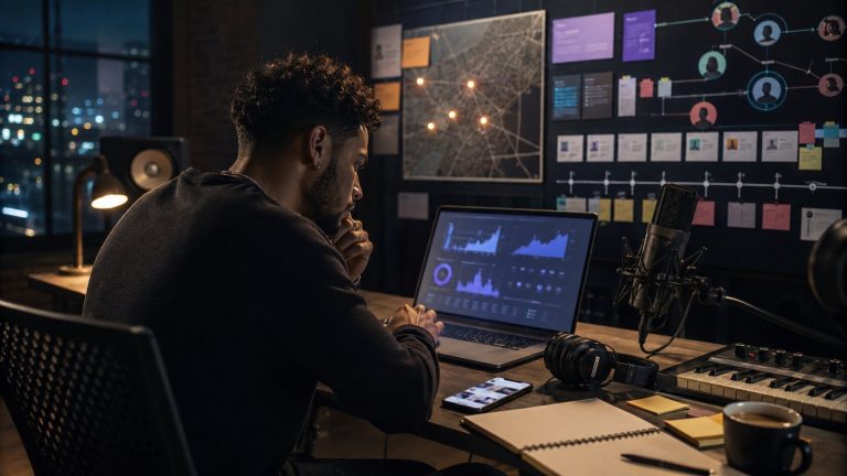 Creative workspace at night