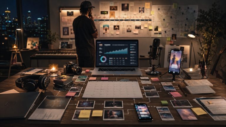 Creative workspace at night