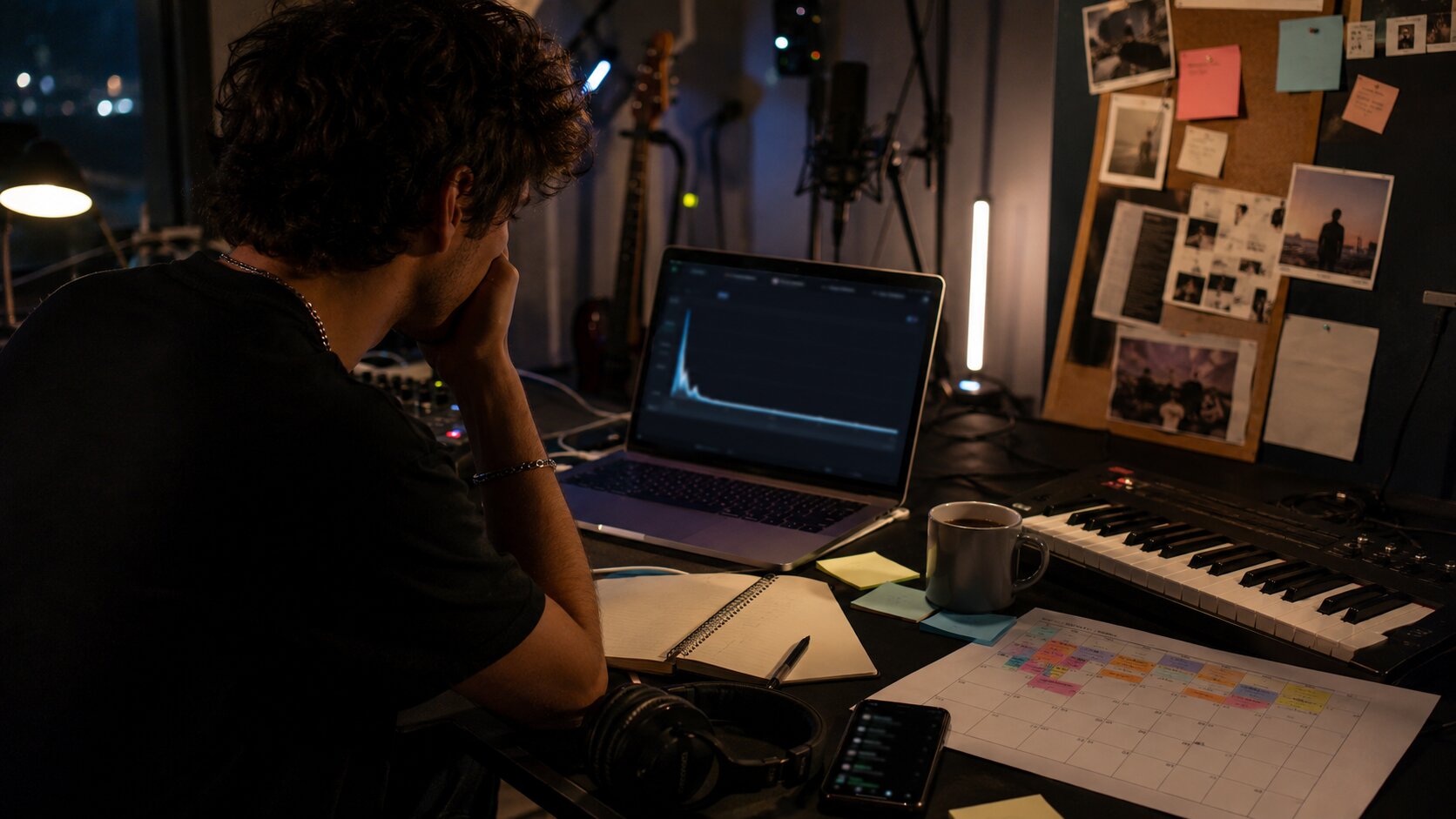Late-night creative workspace vibe
