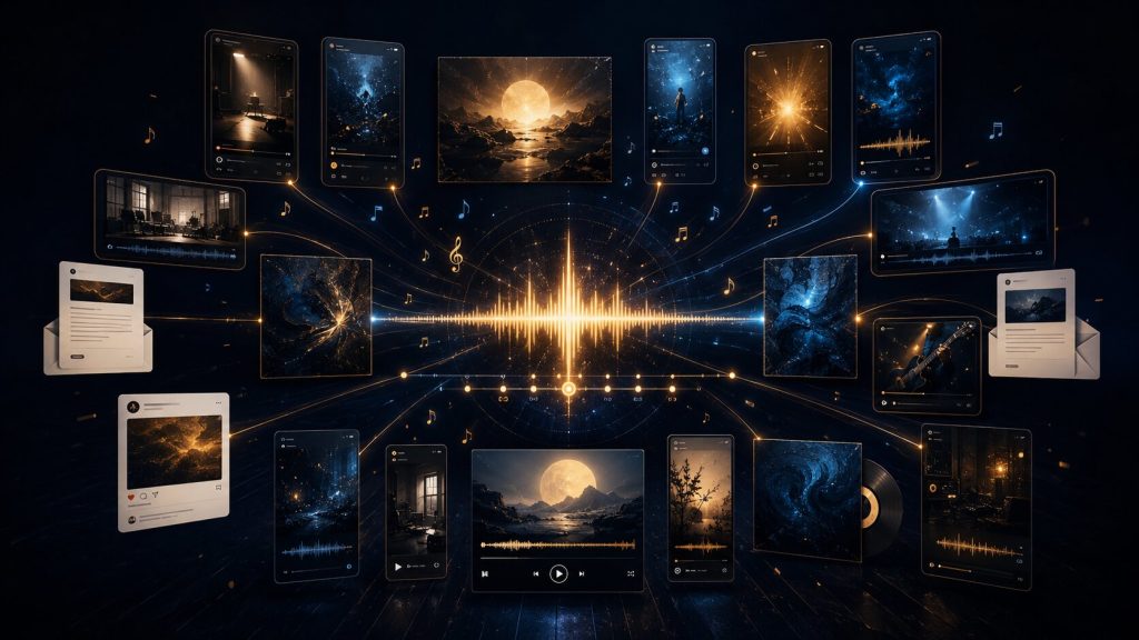 Futuristic music hub with glowing waveforms