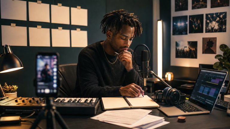 Pensive creator in a cozy studio workspace