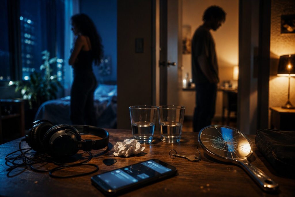A tense divide in a dim room