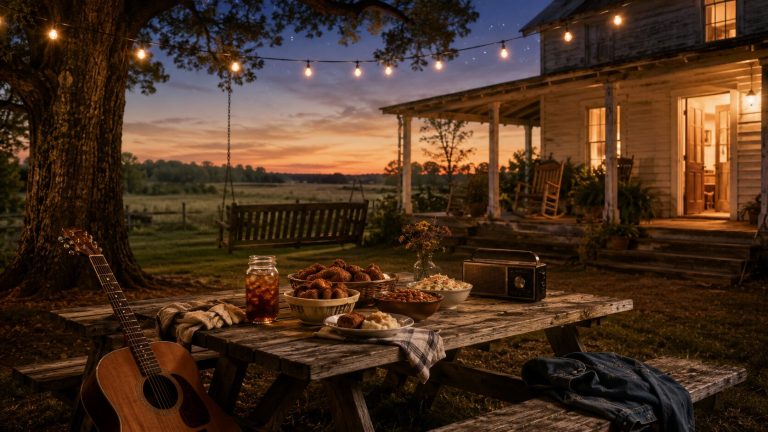 Cozy farmhouse porch at twilight