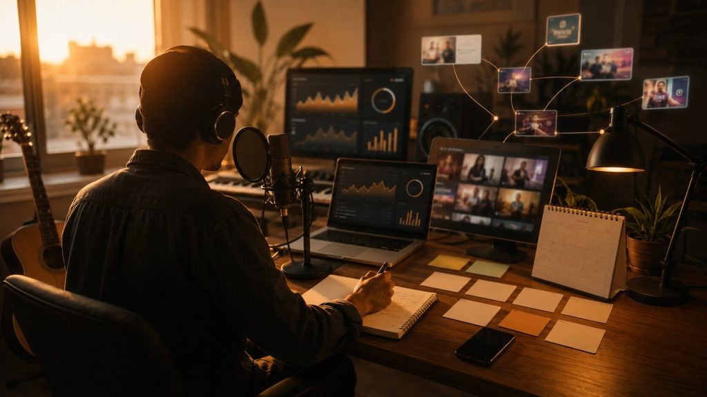 Creative workspace in golden-hour glow