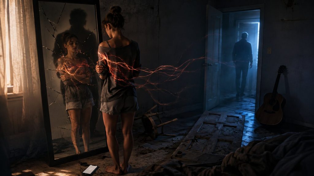 Eerie reflection and glowing energy threads