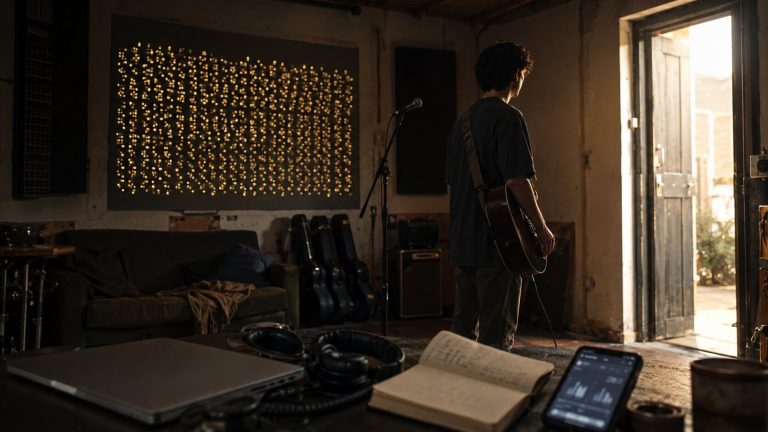 Guitarist in a studio doorway light
