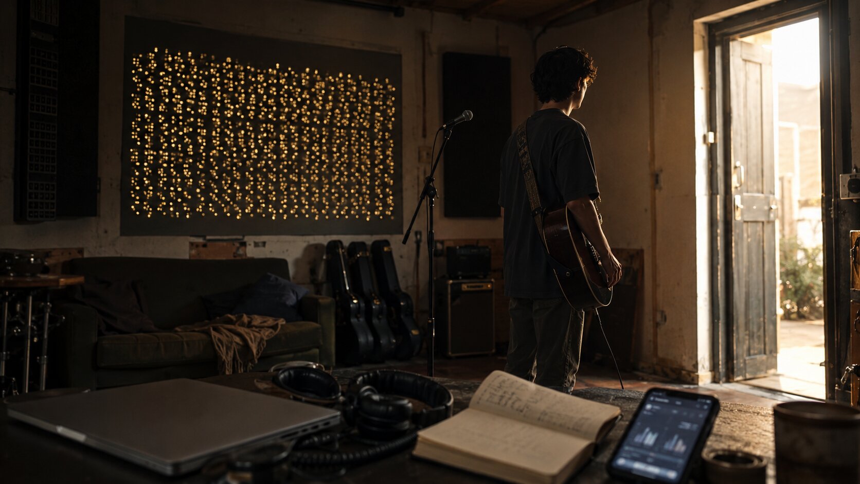 Guitarist in a studio doorway light