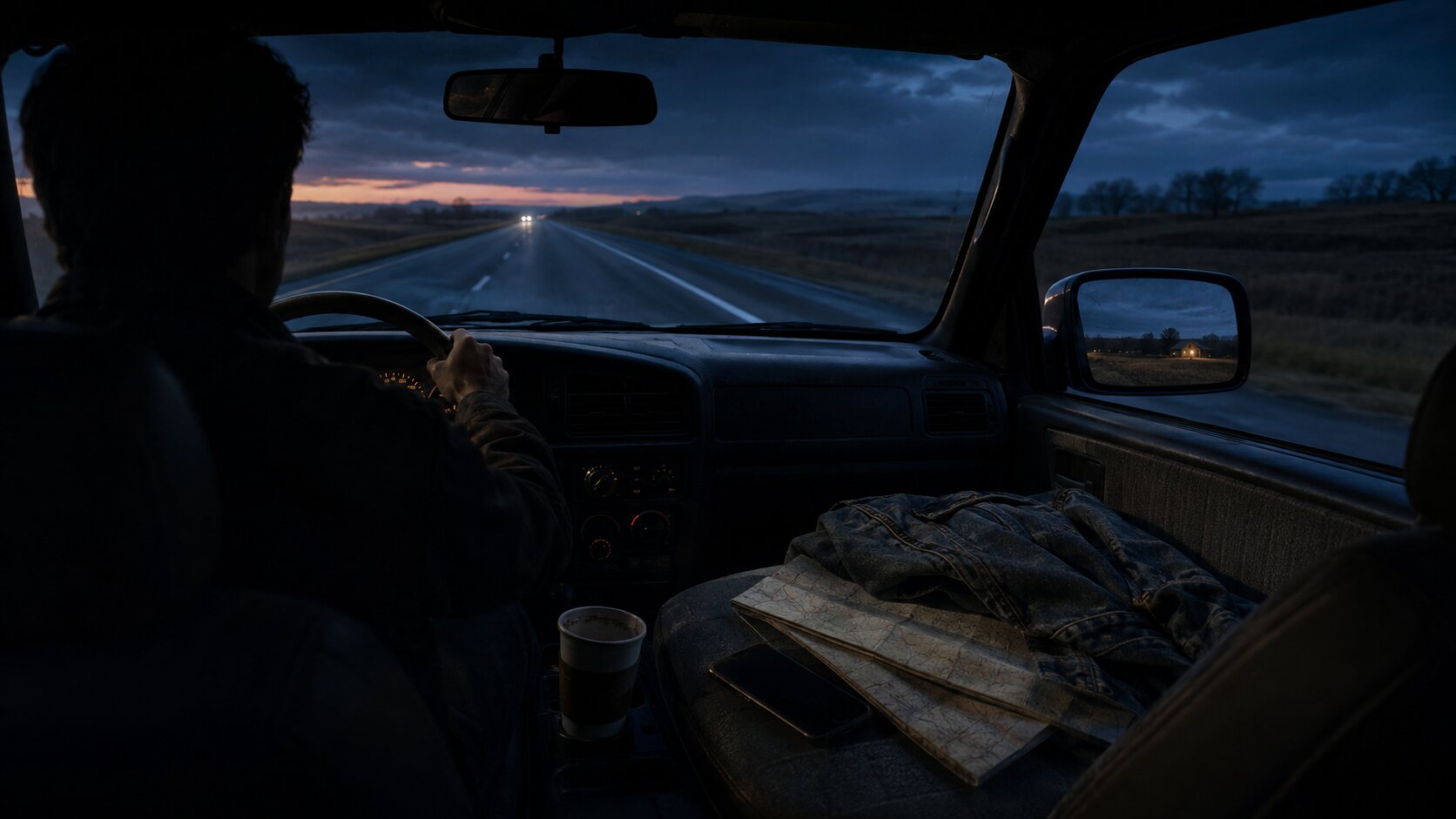 Lonely drive through darkening highway