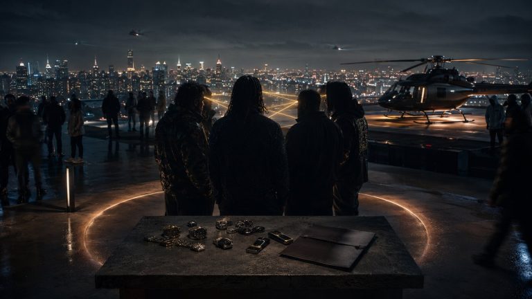 Mysterious rooftop gathering at night