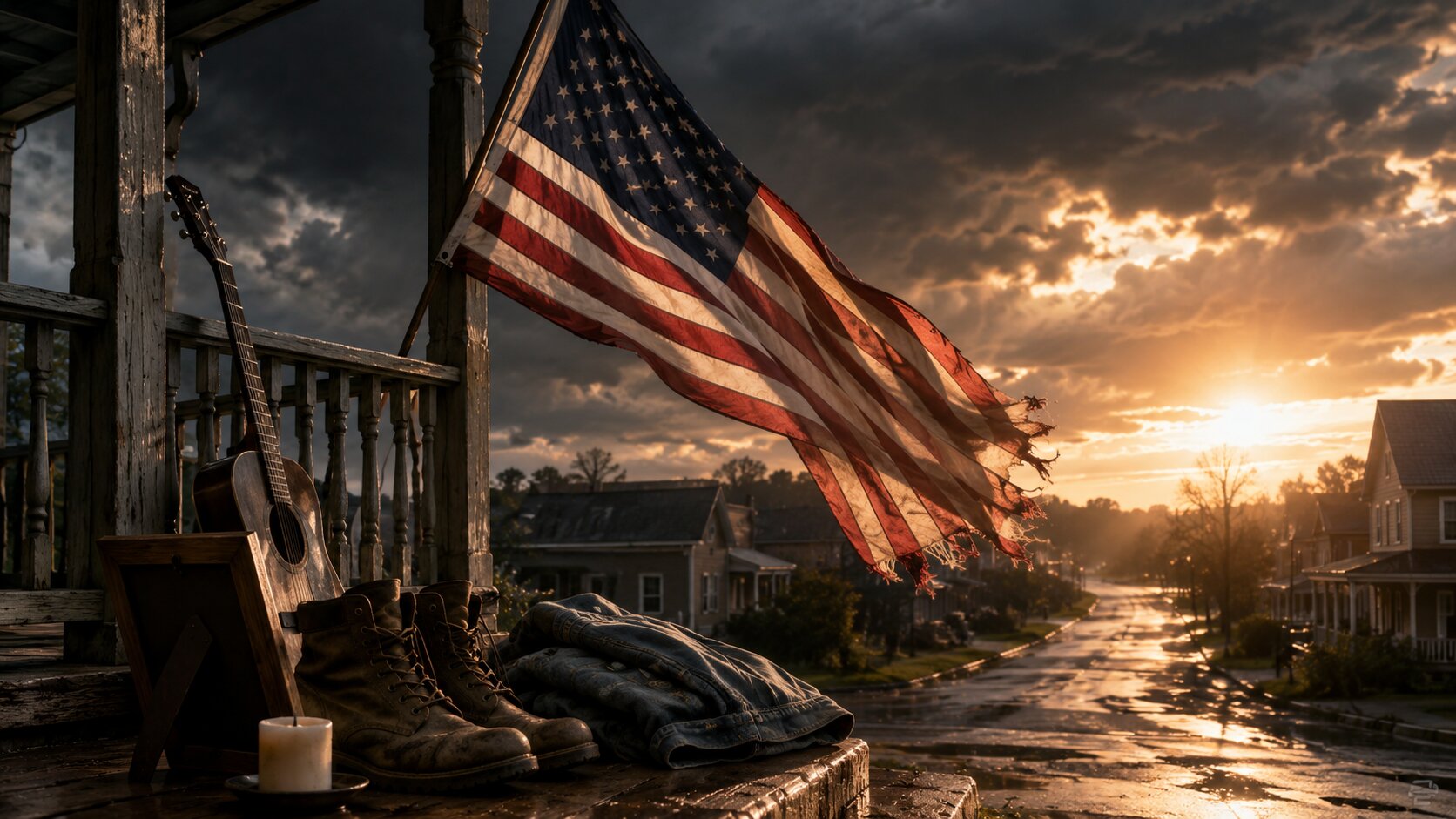 Patriotic sunset over small-town street