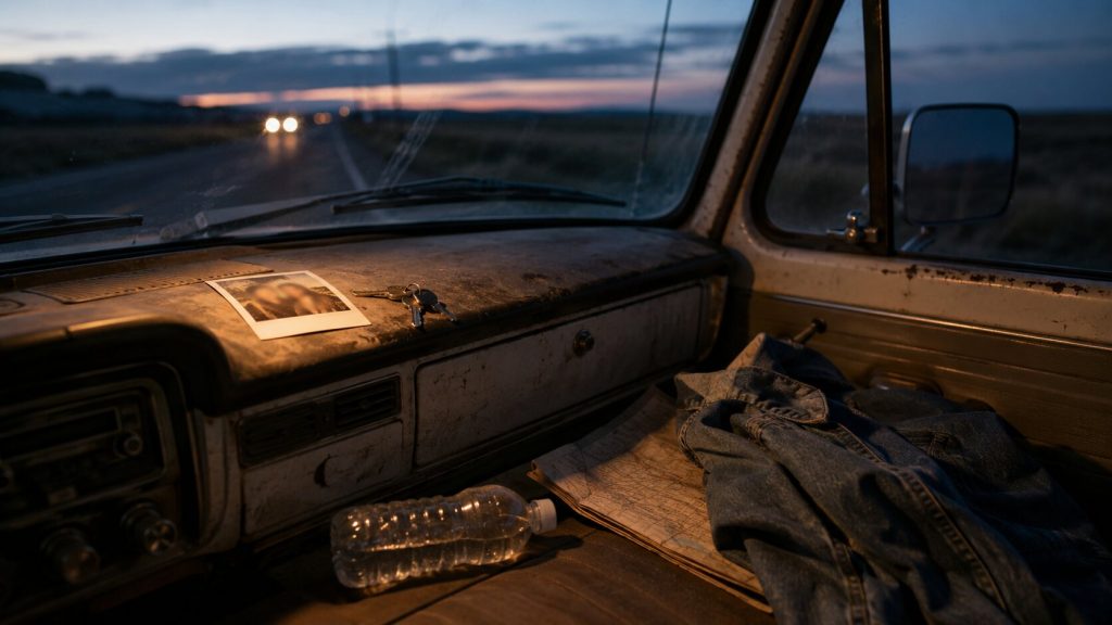Quiet road at dusk in an old truck