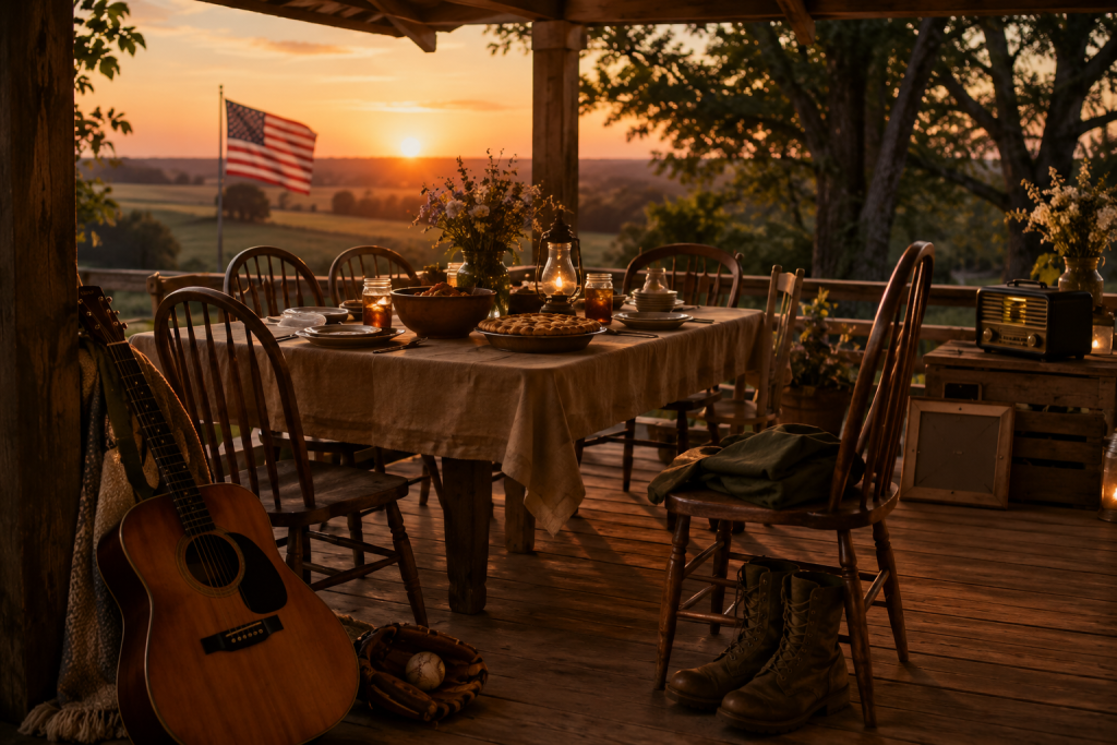 Rustic porch at sunset with Americana charm