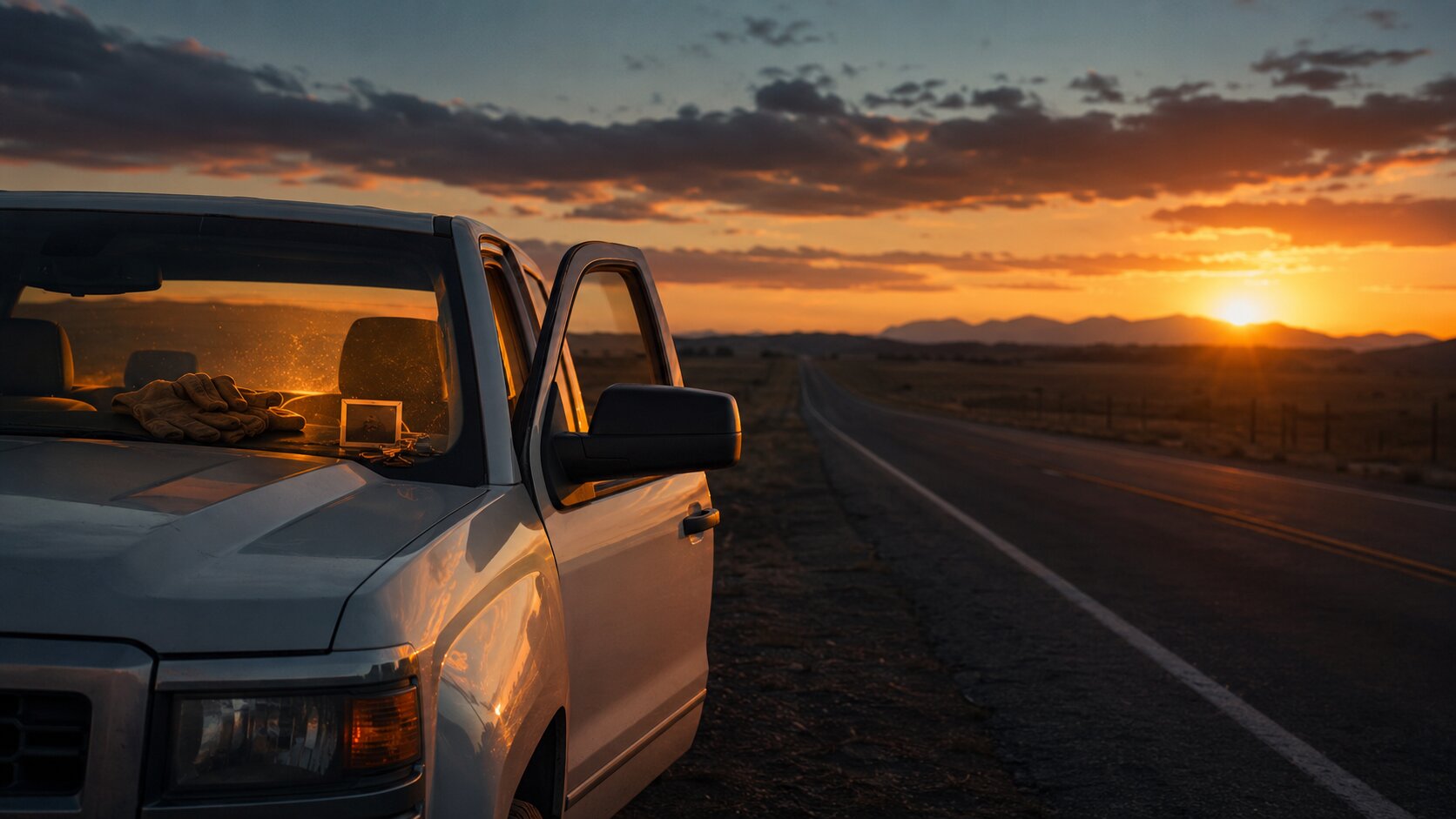 Sunset drive through open roads